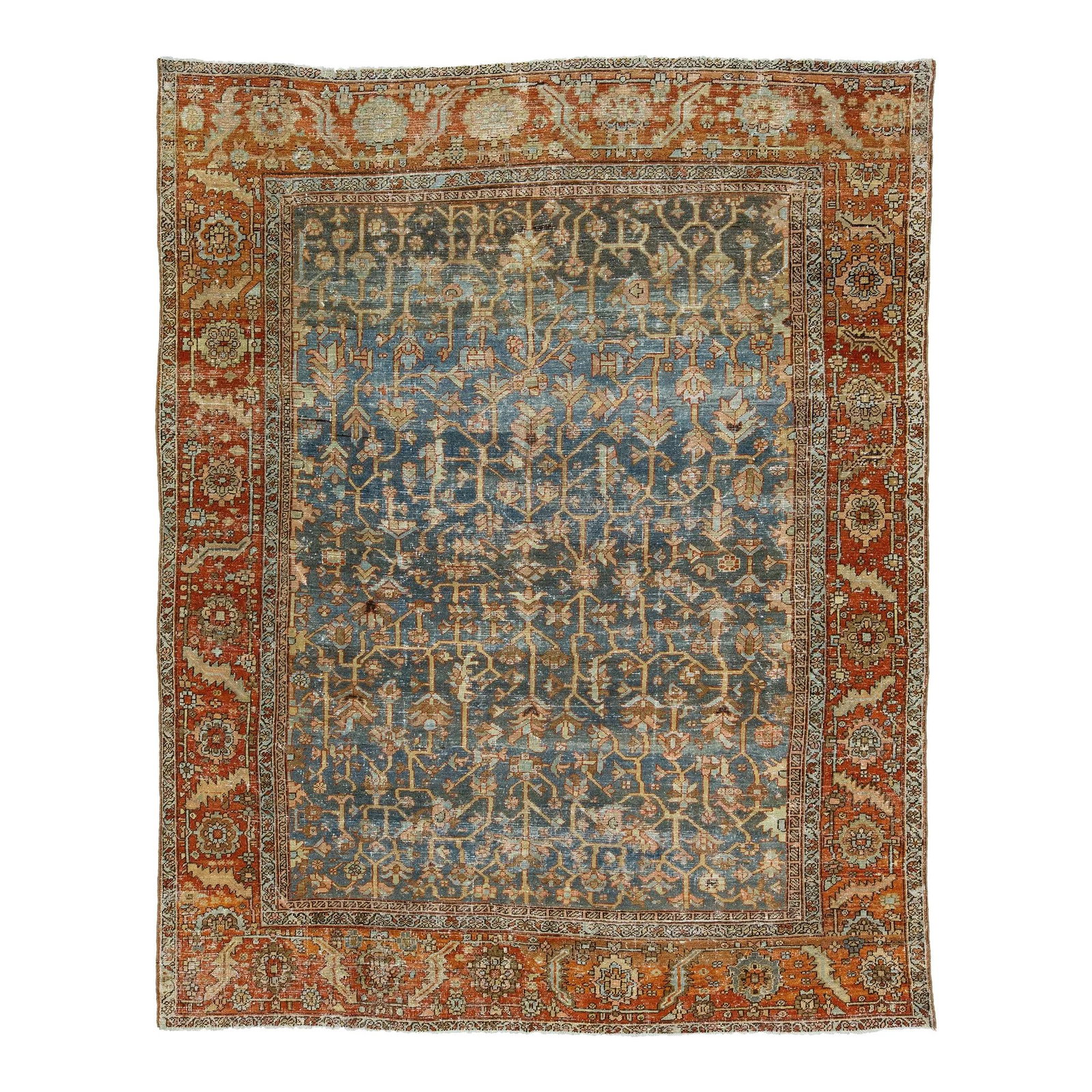 Antique 1910s Persian Heriz Wool Rug Blue Allover Pattern 9'1 x 11'6: Antique 1910s Persian Heriz Wool Rug Blue Allover Pattern 9'1 x 11'6 Discover the elegance of this 1910s Antique Persian Heriz rug, meticulously crafted from hand-knotted wool. The striking blue field