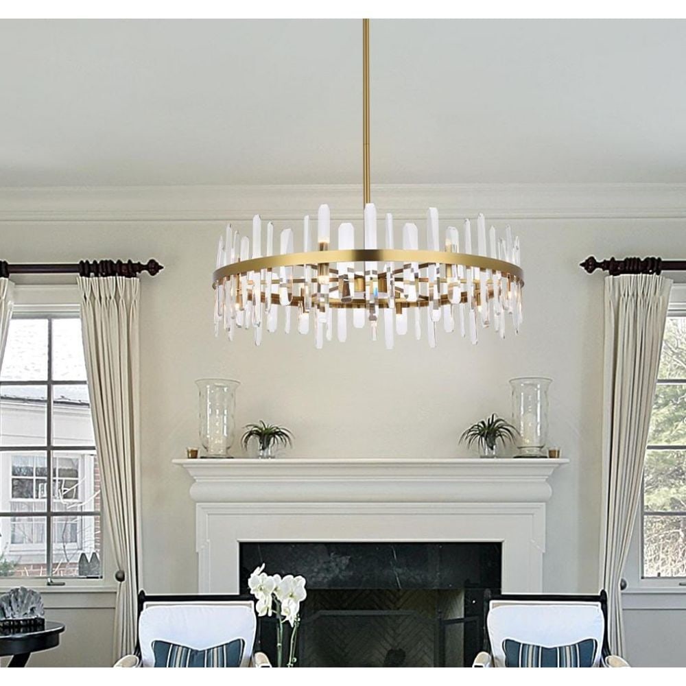 Serena 16-Light Crystal Chandelier Satin Gold 36 in: Serena 16-Light Crystal Chandelier Satin Gold 36 in Modern 16-light crystal chandelier in a satin gold finish, designed for indoor use in dining rooms, foyers, and other listed spaces. It features cle