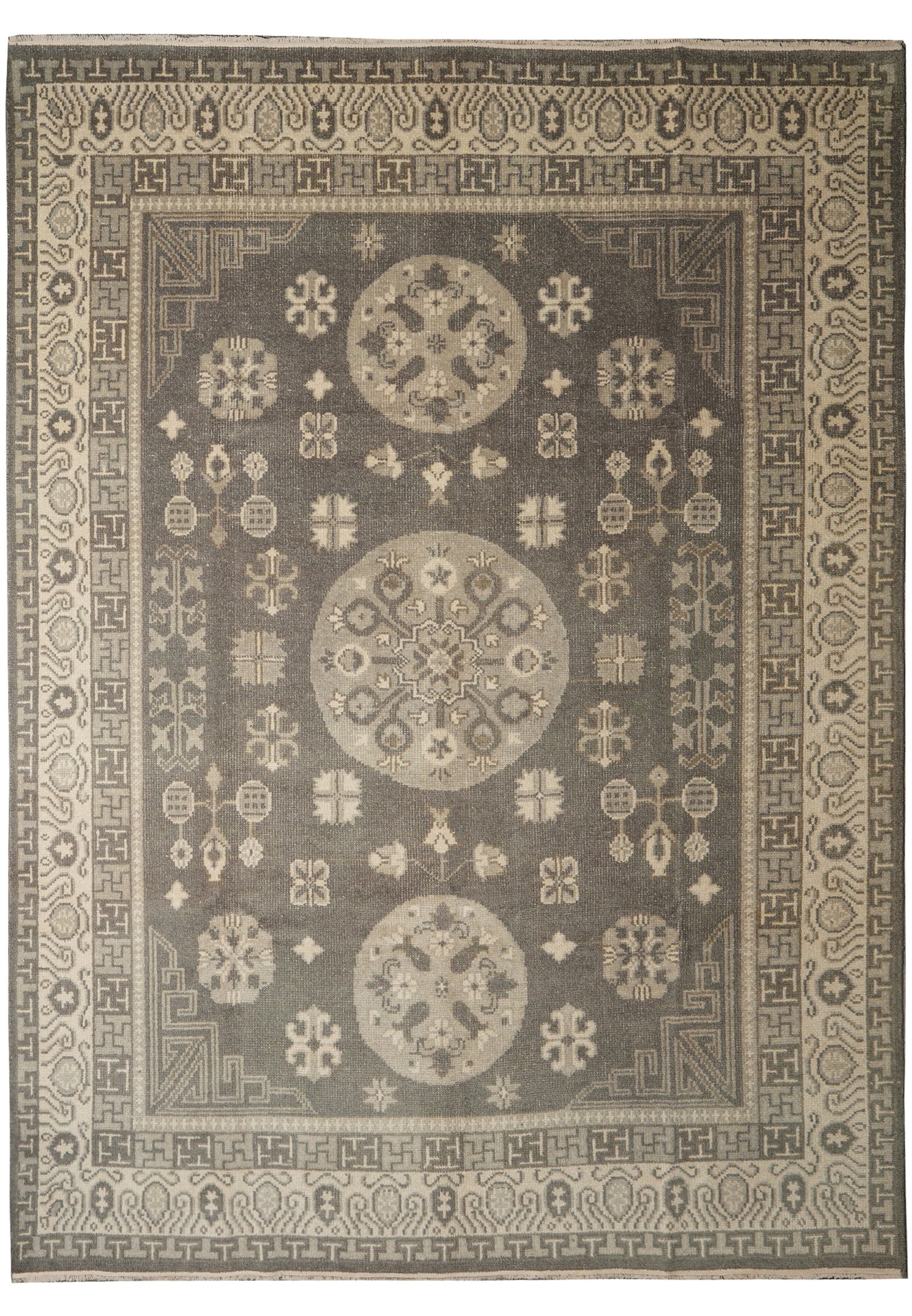 Hand-Knotted Gray Chotan Chobi Wool Area Rug 106 in x 143 in: Hand-Knotted Gray Chotan Chobi Wool Area Rug 106 in x 143 in Free continental US Shipping This handmade area rug features a Chotan Chobi design with a gray field and ivory medallions. It is hand-knott