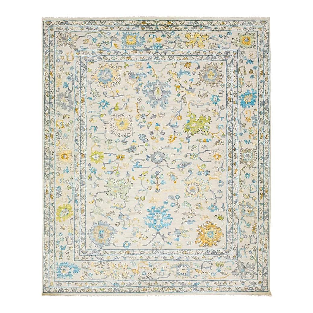 Handmade Oushak Style Beige Wool Rug 12'3" x 15" Floral Pattern: Handmade Oushak Style Beige Wool Rug 12'3" x 15" Floral Pattern Elevate your space with this exquisite Handmade Contemporary Beige Wool Rug in the Oushak style. Featuring a hand-knotted beige field, i