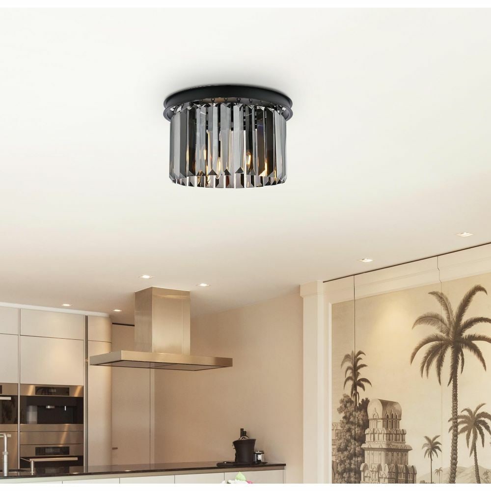 Matte Black 3 Light Crystal Flush Mount Chandelier Sydney: Matte Black 3 Light Crystal Flush Mount Chandelier Sydney This modern flush mount chandelier features a matte black frame adorned with high-quality royal cut silver shade crystals, creating a striking