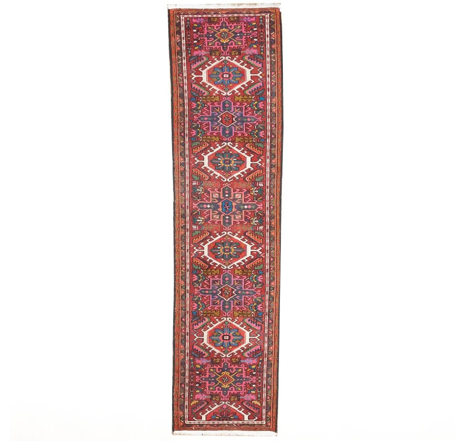 Vintage Wool Hand-Knotted Runner Rug 2'3 x 9'6 Tribal Geometric: Vintage Wool Hand-Knotted Runner Rug 2'3 x 9'6 Tribal Geometric This vintage handmade runner rug features a distressed tribal oriental design, crafted using traditional hand-knotted techniques. The ge