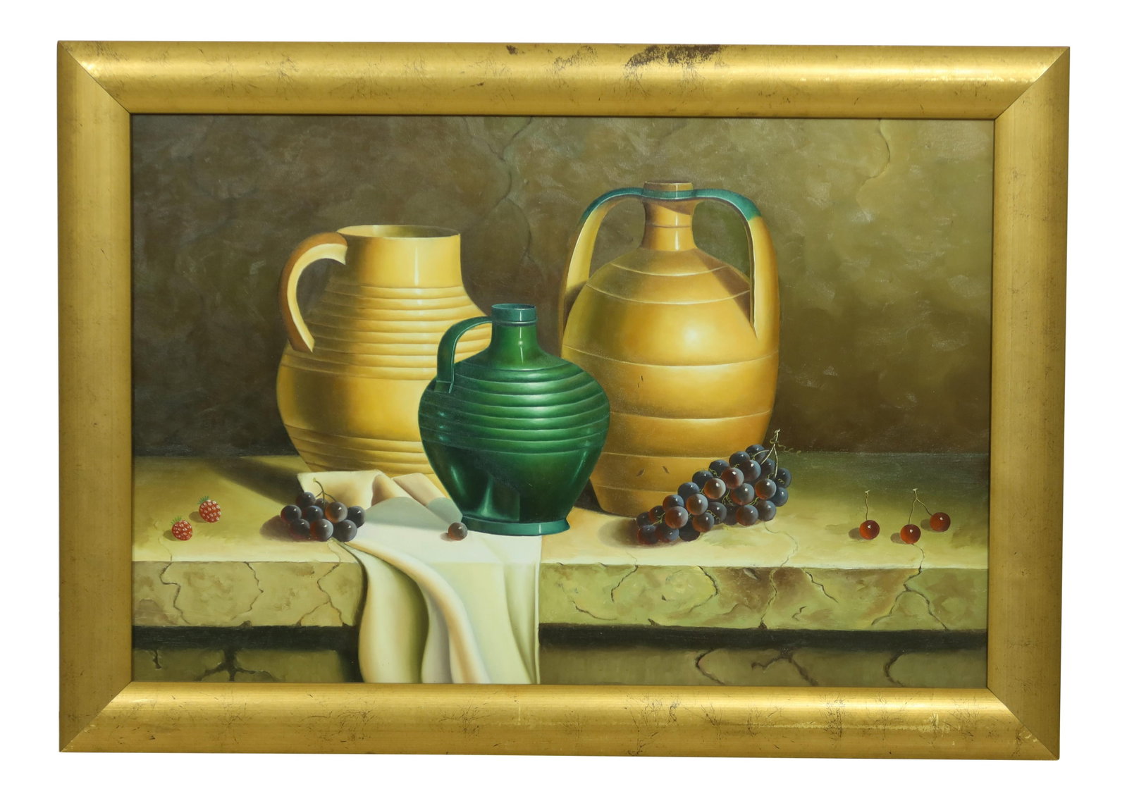 Modern Still Life Wine Jugs Oil Painting Gold Frame 41.5 x 29.5: Modern Still Life Wine Jugs Oil Painting Gold Frame 41.5 x 29.5 This exquisite oil painting features a modern still life of wine jugs, showcasing bright and vivid details that enhance its simple yet e