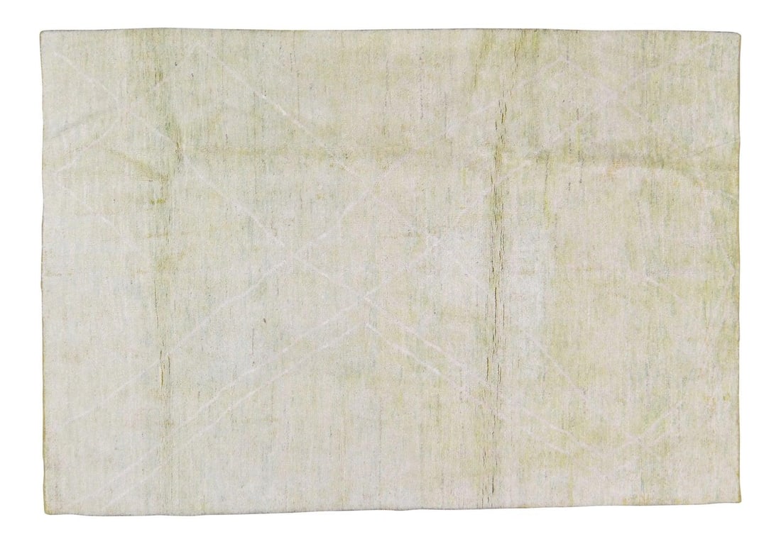 5'6 x 8' Wool Beni Ourain Moroccan Rug in Yellow with Soft Texture: 5'6 x 8' Wool Beni Ourain Moroccan Rug in Yellow with Soft Texture This Moroccan Beni Ourain rug features a hand knotted construction, showcasing natural colors and a contemporary style. The rug is cr