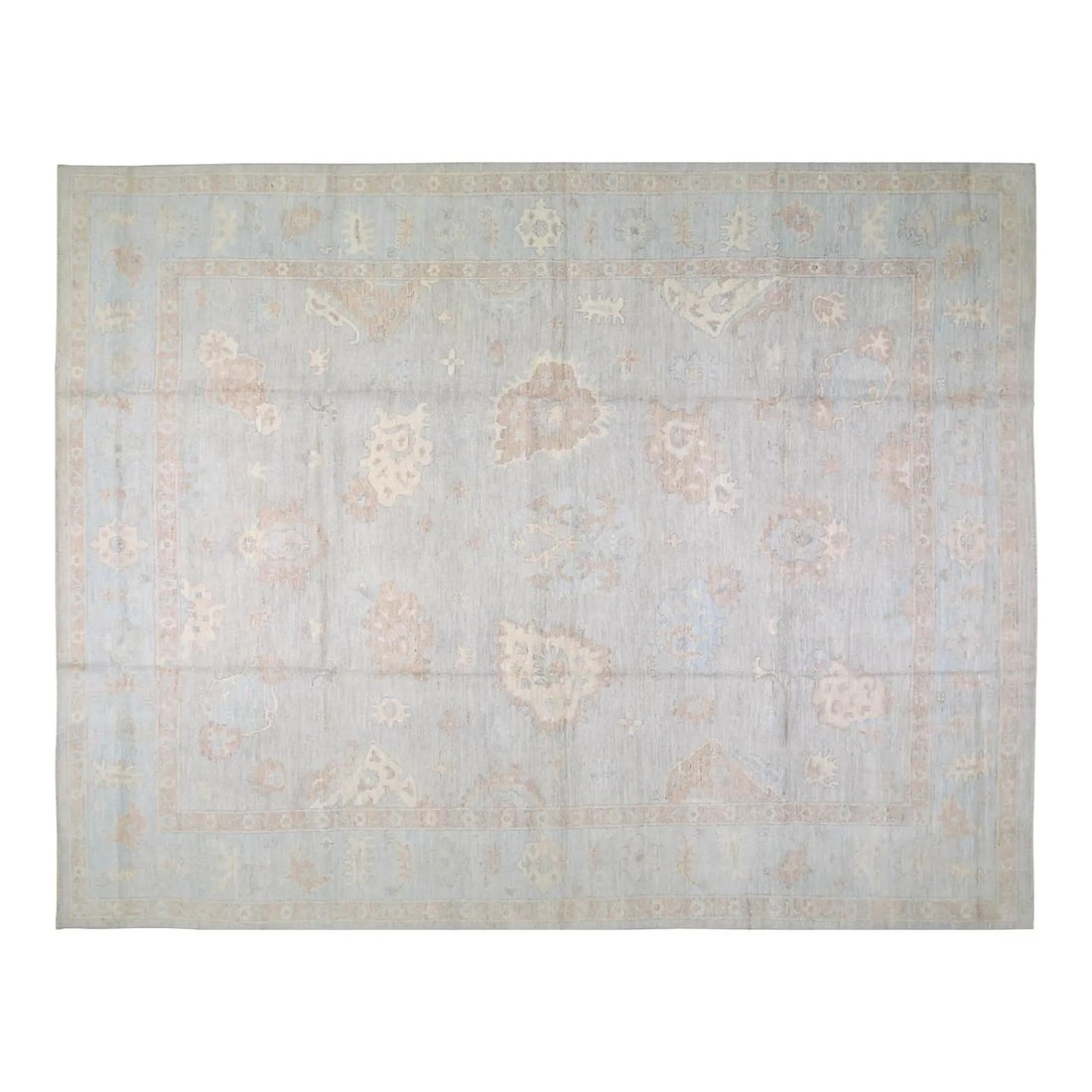 11'7 x 15' Wool Oushak Rug Hand Knotted Blue: 11'7 x 15' Wool Oushak Rug Hand Knotted Blue This Oushak hand-knotted wool rug showcases traditional craftsmanship with a modern design sensibility. Durable and soft, the rug features a rich texture a