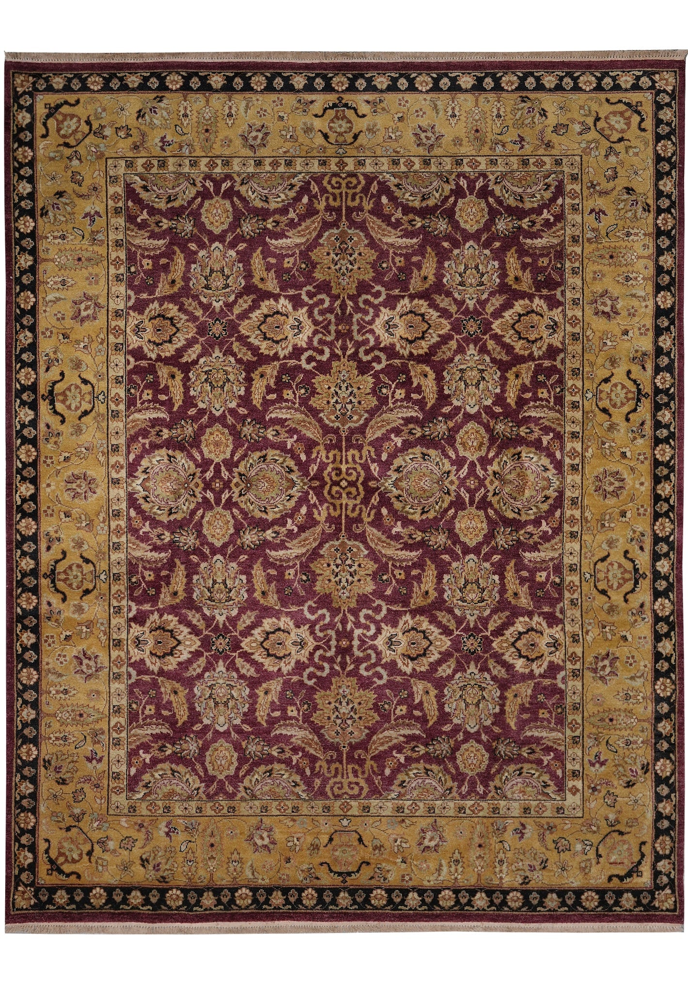 8 x 10 Burgundy Gold Hand Knotted Wool Rug: 8 x 10 Burgundy Gold Hand Knotted Wool Rug Free continental US Shipping This 8 x 10 rug features a burgundy and gold color palette and is handmade with hand-knotted construction. It is crafted from 10