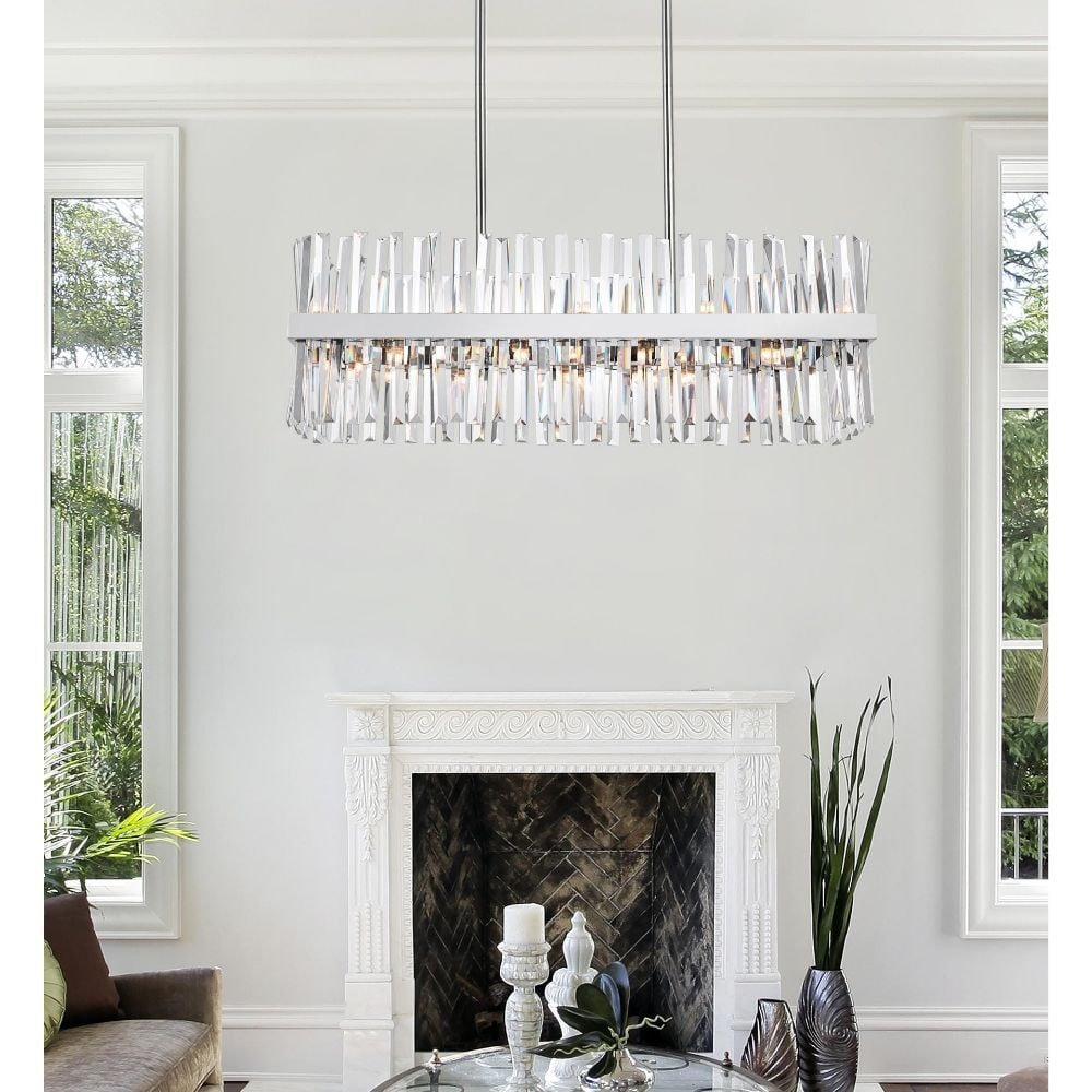 Serephina 20-Light Chrome Crystal Chandelier 36 Inch: Serephina 20-Light Chrome Crystal Chandelier 36 Inch This modern 20-light chandelier features a high-quality chrome-plated finish and is adorned with royal cut clear crystals. Designed for versatility