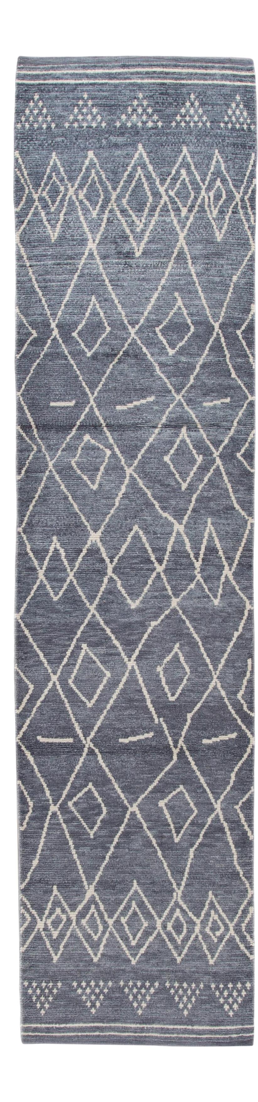 Handmade Blue Wool Moroccan Runner 3' x 12'10: Handmade Blue Wool Moroccan Runner 3' x 12'10 Enhance your space with this stunning Modern Moroccan Style Handmade Blue Wool Runner. This exquisite hand-knotted wool rug features a rich navy-blue fiel