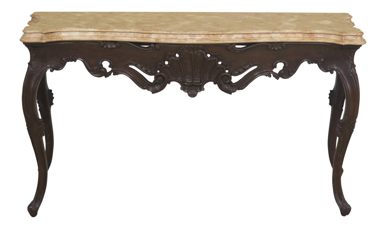 Vintage French Louis XV Style Faux Marble Console Table: Vintage French Louis XV Style Faux Marble Console Table This elegant console table exemplifies the timeless charm of French Louis XV style. It features a beautifully painted faux marble top that adds 