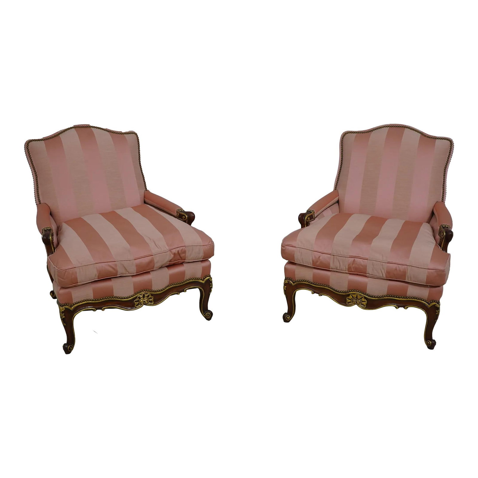 Elegant Pair of French Style Bergere Chairs in Mahogany: Elegant Pair of French Style Bergere Chairs in Mahogany This exquisite pair of French style Bergere chairs showcases quality craftsmanship and elegant design, making them a perfect addition to any sop