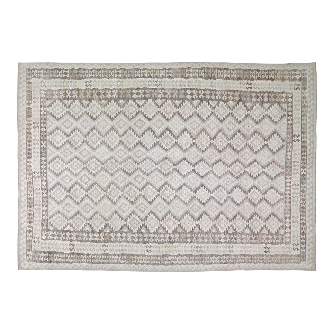 Large Wool Afghan Tribal Kilim Flatweave Rug Soft Contemporary 9'9" x 14'5": Large Wool Afghan Tribal Kilim Flatweave Rug Soft Contemporary 9'9" x 14'5" This 1990s Afghan tribal hand woven flatweave kilim features natural colors and a contemporary style with a soft texture. Th