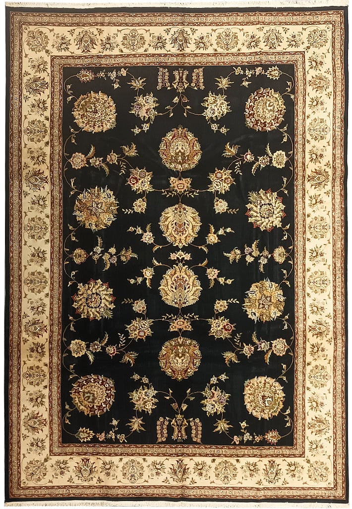 9.9 x 13.9 Handmade Black Wool Silk Area Rug Tabriz Design: 9.9 x 13.9 Handmade Black Wool Silk Area Rug Tabriz Design Free continental US Shipping Transform your living area with this luxurious 9.9' x 13.9' handmade rug, crafted from a blend of quality wool a