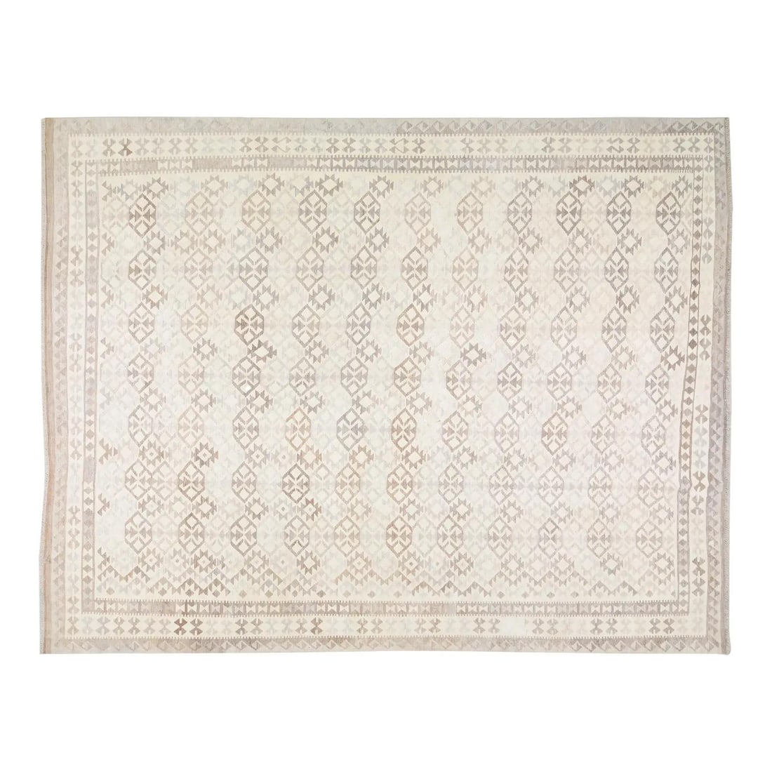 10' x 13'2" Wool Flatweave Rug in Afghan Navajo Inspired Design: 10' x 13'2" Wool Flatweave Rug in Afghan Navajo Inspired Design This contemporary Afghan rug features a Navajo-style flatweave design crafted from wool. The rug is presented in a gray color and is pre