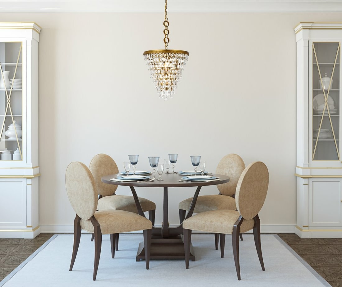 Living District Nordic 5 Light Brass Crystal Pendant: Living District Nordic 5 Light Brass Crystal Pendant This modern pendant chandelier features a brass-colored finish with clear royal cut crystals, offering an elegant lighting solution for dining room
