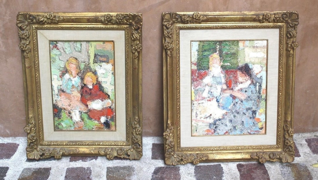 Pair of Oil Paintings by Rene Georges Sinicki in Original Frames: Pair of Oil Paintings by Rene Georges Sinicki in Original Frames This exquisite pair of mid-1900s oil paintings on canvas is created by renowned French artist Rene Georges Sinicki, born in 1910. Both 
