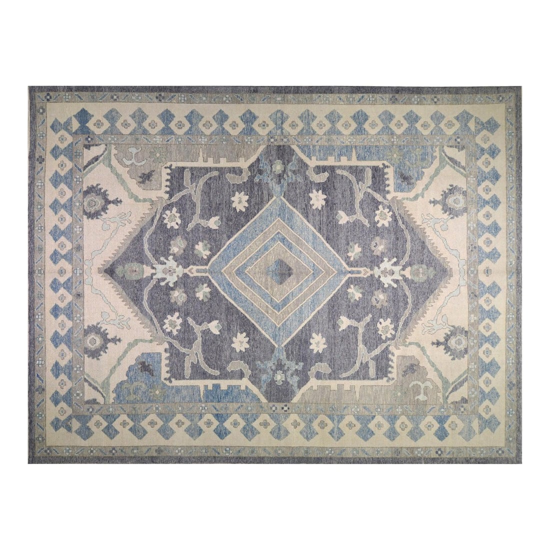 12' x 16' Wool Oushak Rug Modern Hand Knotted Blue: 12' x 16' Wool Oushak Rug Modern Hand Knotted Blue This contemporary Oushak rug features a hand-knotted construction in wool, offering a fine weave and a soft texture. The rug displays a blue color an
