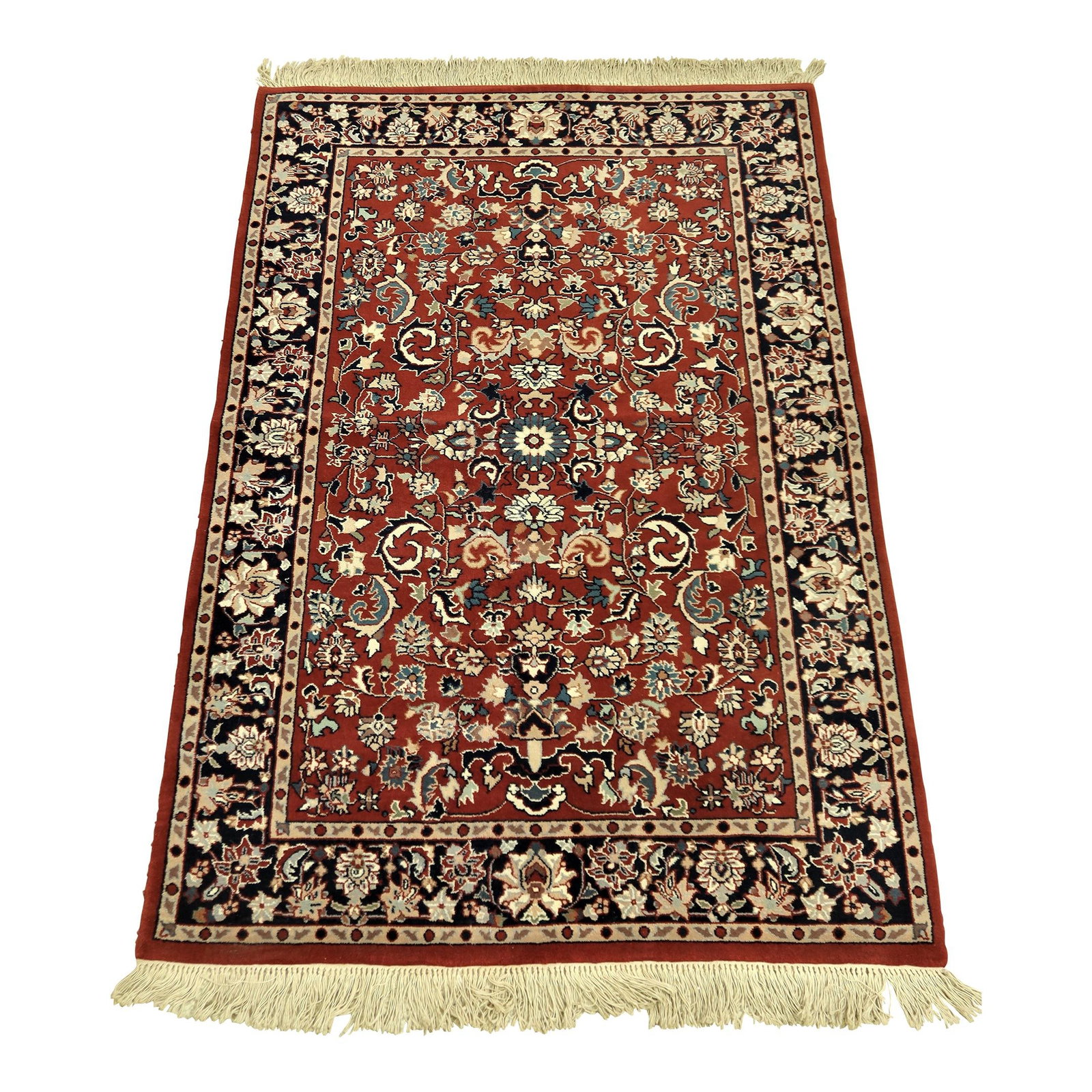 Vintage Sarouk Pattern 4 x 6 Wool Area Rug Red 40 Years Old: Vintage Sarouk Pattern 4 x 6 Wool Area Rug Red 40 Years Old This exquisite Sarouk pattern area rug is approximately 40 years old and crafted from 100% high-quality wool. Featuring a thick, tightly wov