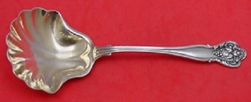 Durgin New Vintage Sterling Preserve Spoon Gold Washed Shell Bowl 7 3/8": Durgin New Vintage Sterling Preserve Spoon Gold Washed Shell Bowl 7 3/8" A sterling silver preserve spoon in the New Vintage pattern by Durgin, featuring a gold-washed shell bowl. It is not monogramme