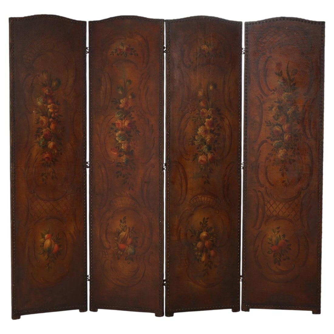 Floral Polychromed Leather Folding Screen Arts and Crafts 78.25''H (1 of 11)