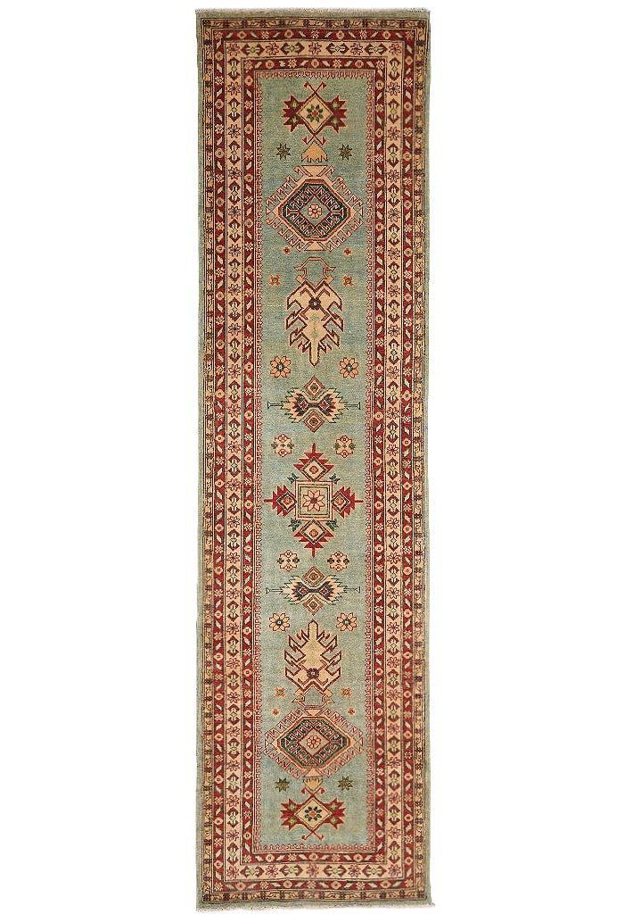 2.8 x 10' Handmade Afghanistan Kazak Green Wool Runner: 2.8 x 10' Handmade Afghanistan Kazak Green Wool Runner Free continental US Shipping Handmade in Afghanistan, this 2.8 x 10 ft Kazak runner is made of wool and features a classic geometric Kazak design