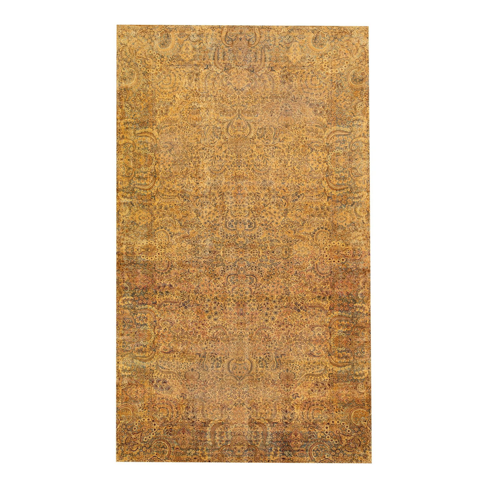 Antique Kerman Oversize Floral Wool Rug 11'5 x 19'7 Tan: Antique Kerman Oversize Floral Wool Rug 11'5 x 19'7 Tan Enhance your living space with this exquisite Antique Kerman Handmade Wool Rug, featuring an elegant all-over floral design. The rich tan field 