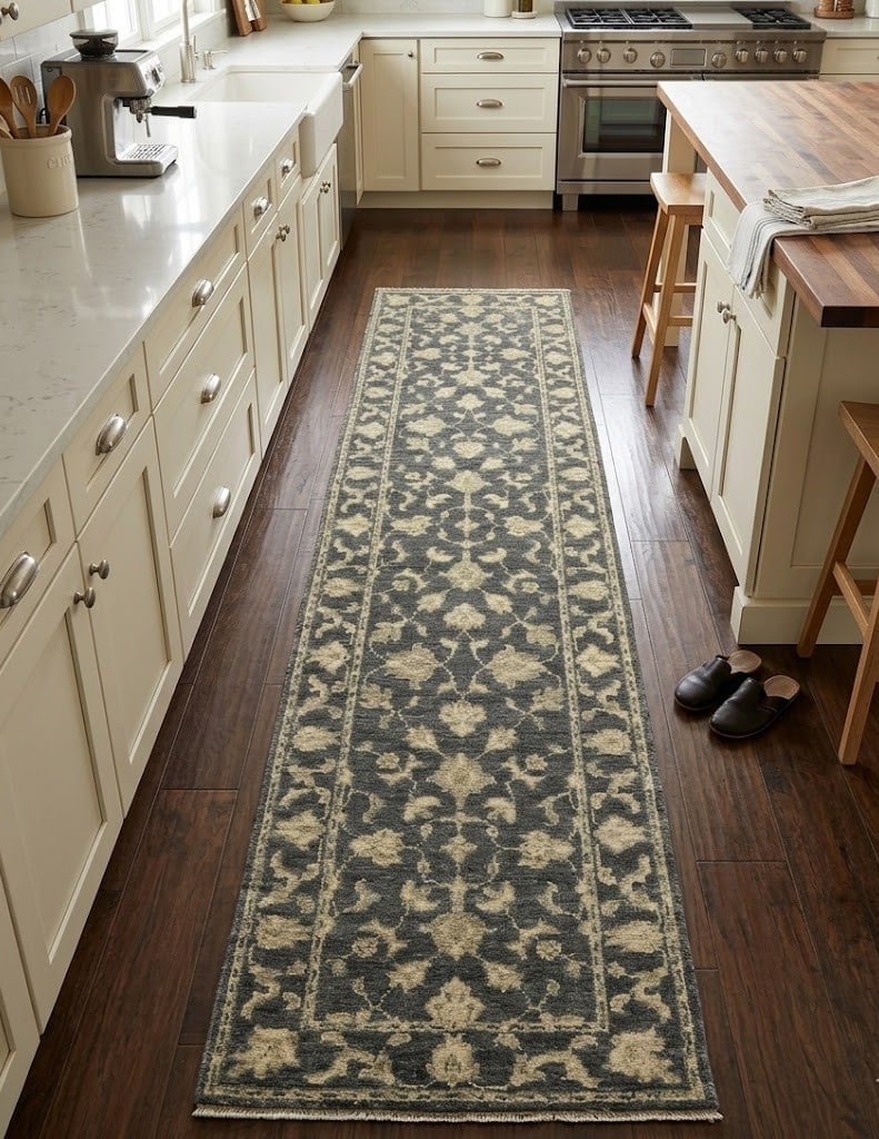 Hand Knotted Wool Floral Transitional Runner Rug 2'5 x 12'4: Hand Knotted Wool Floral Transitional Runner Rug 2'5 x 12'4 This hand-knotted runner rug features a muted floral pattern in dark slate, cream, beige, and other subtle tones. Crafted from wool, it show