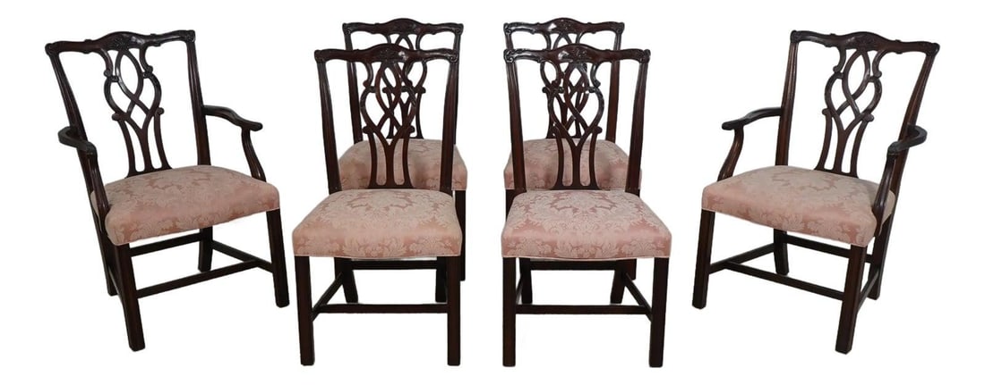 Set of 6 Chippendale Mahogany Dining Chairs by Kindel: Set of 6 Chippendale Mahogany Dining Chairs by Kindel This exquisite set of 6 dining room chairs showcases a classic Chippendale design, crafted from rich mahogany. With a traditional style and qualit