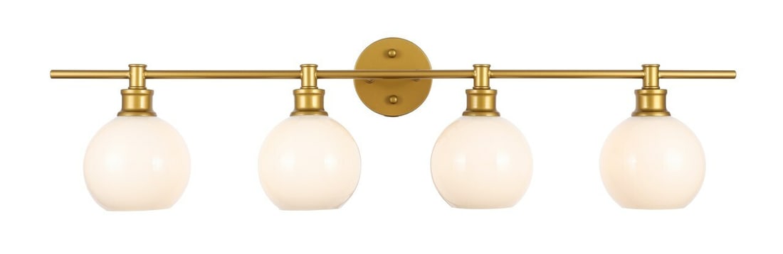 Collier 4 Light Brass Wall Sconce with Frosted Glass Shades: Collier 4 Light Brass Wall Sconce with Frosted Glass Shades This modern wall sconce features a brass metal frame with four downward-facing lights and frosted white glass shades. Designed for hardwired