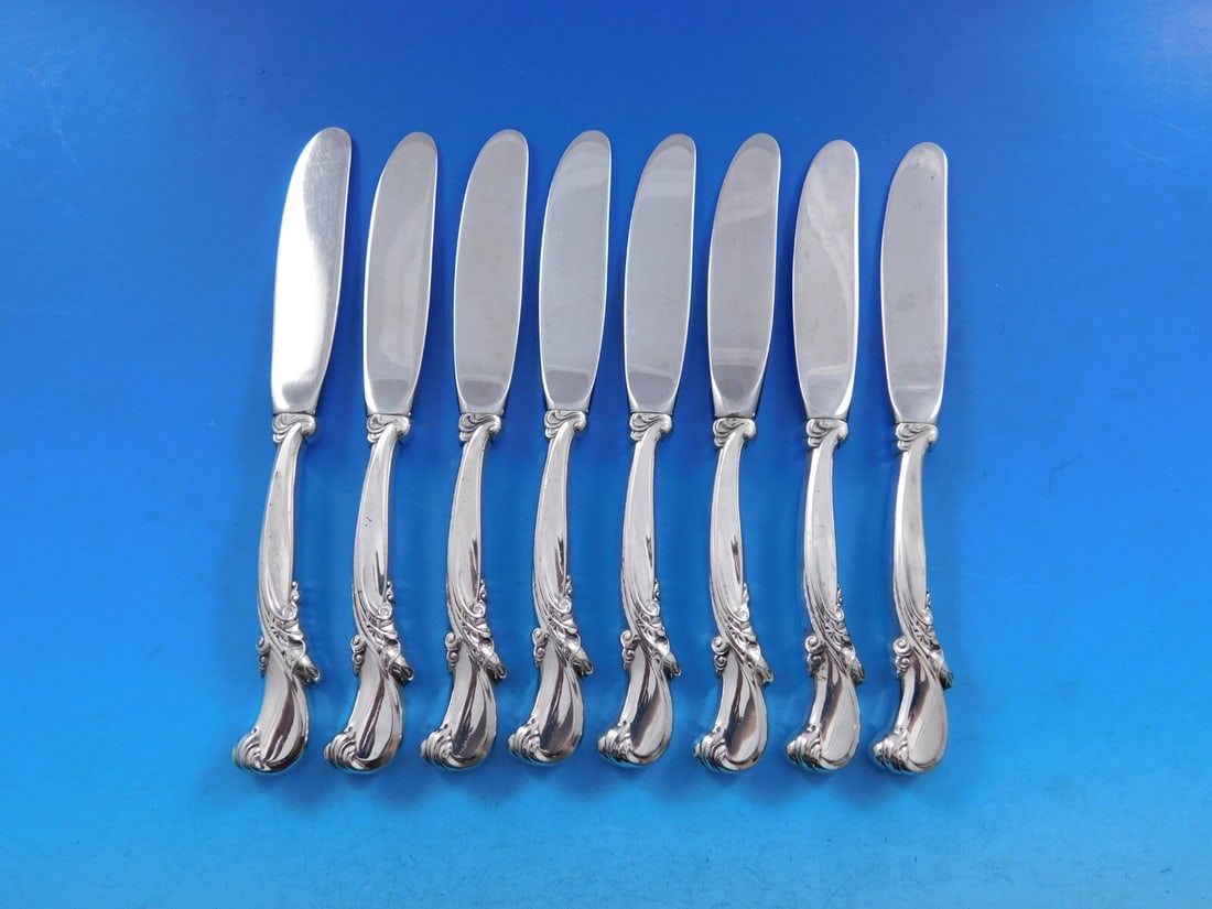 Wallace Waltz of Spring Sterling Silver Butter Spreader Set 8 pcs: Wallace Waltz of Spring Sterling Silver Butter Spreader Set 8 pcs Enhance your dining experience with this elegant set of 8 butter spreaders from Wallace, featuring the exquisite "Waltz of Spring" pat