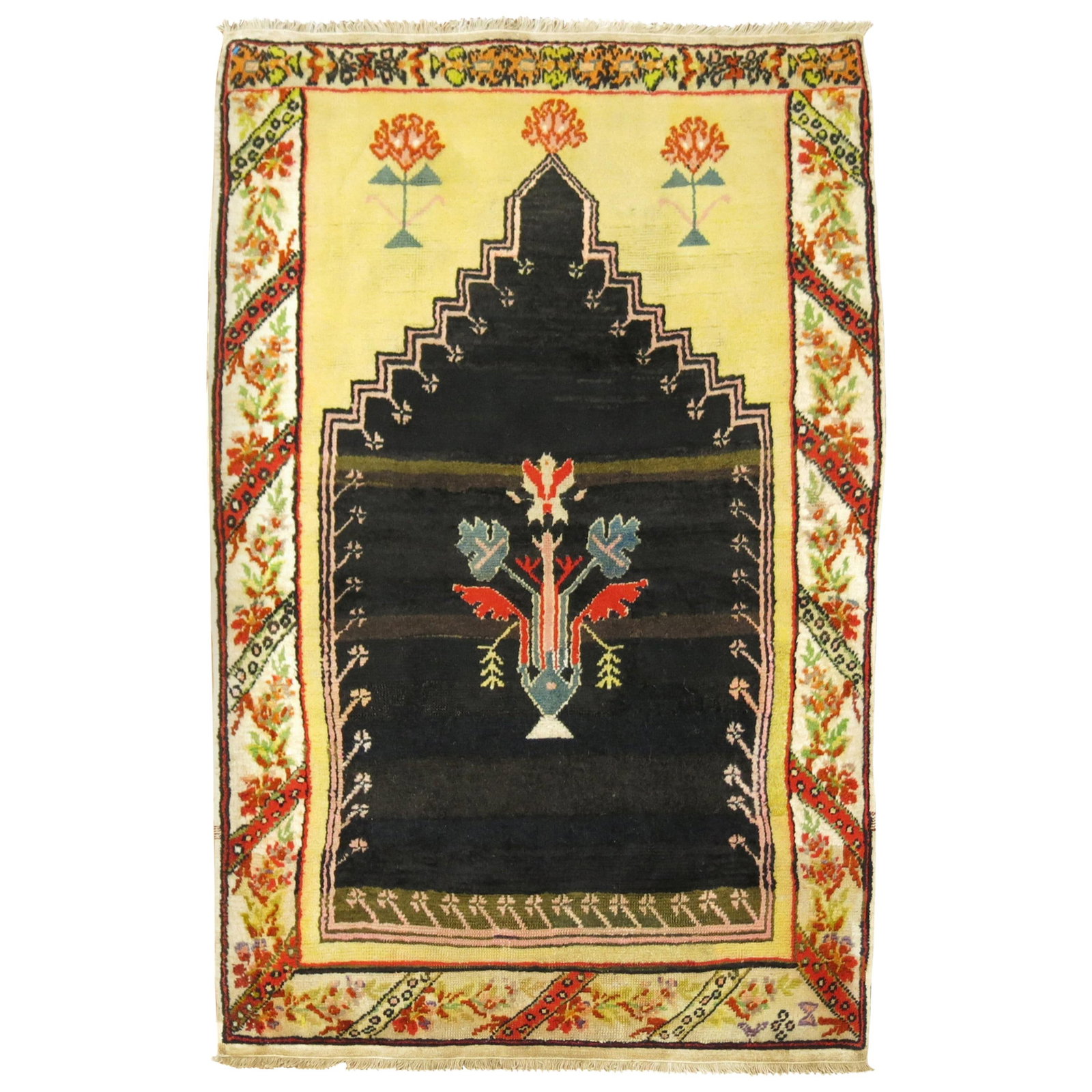 19th Century Turkish Wool Prayer Rug Black Niche Design: 19th Century Turkish Wool Prayer Rug Black Niche Design This unique 19th century Turkish prayer rug showcases a striking prayer niche motif set against an unusual black color field. Hand-woven from hi