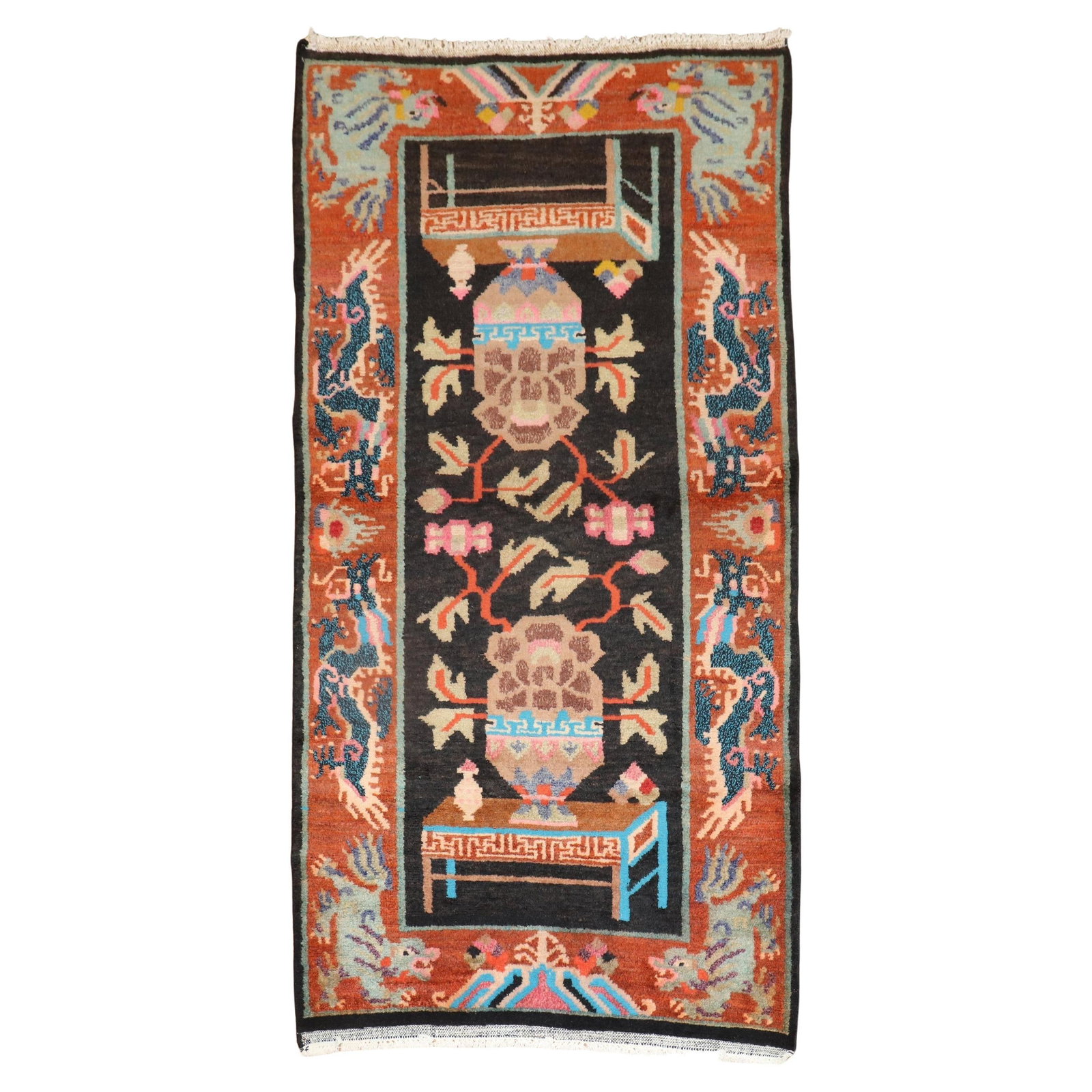 Unique Hand-Knotted Vintage Tibetan Wool Rug 36 x 68 Folk Art: Unique Hand-Knotted Vintage Tibetan Wool Rug 36 x 68 Folk Art Discover this unique, one-of-a-kind vintage Tibetan rug, showcasing a Folk Art style. Hand-knotted from quality wool, this rug features a 