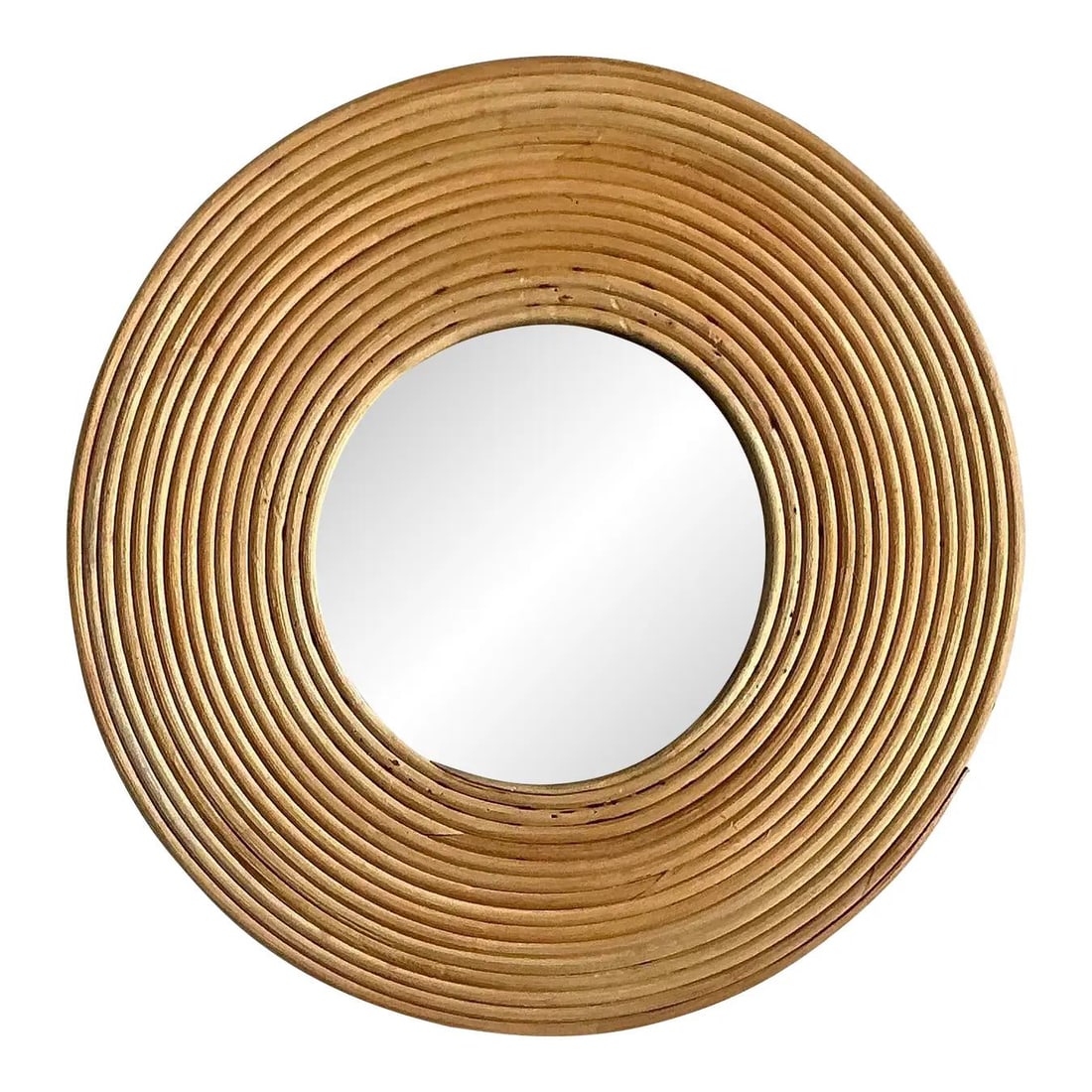 Round Coiled Pencil Reed Mirror with Bohemian Style Frame 23 Inch: Round Coiled Pencil Reed Mirror with Bohemian Style Frame 23 Inch This vintage boho mirror features a round frame crafted from tightly coiled pencil reed, forming a striking concentric pattern around 