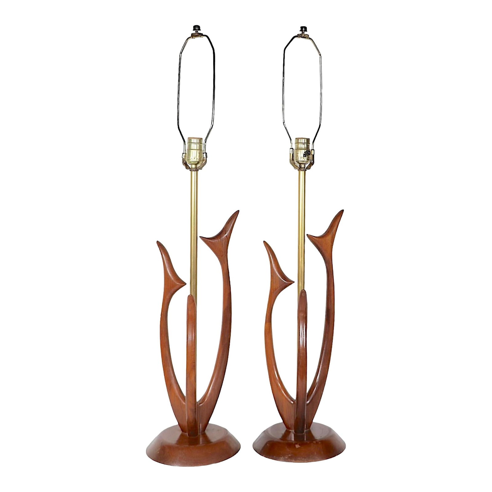 Pair of Mid Century Walnut Table Lamps Inspired by Pearsall: Pair of Mid Century Walnut Table Lamps Inspired by Pearsall This elegant pair of sculptural Mid Century table lamps features solid walnut bodies designed to resemble plant forms, elegantly mounted on 
