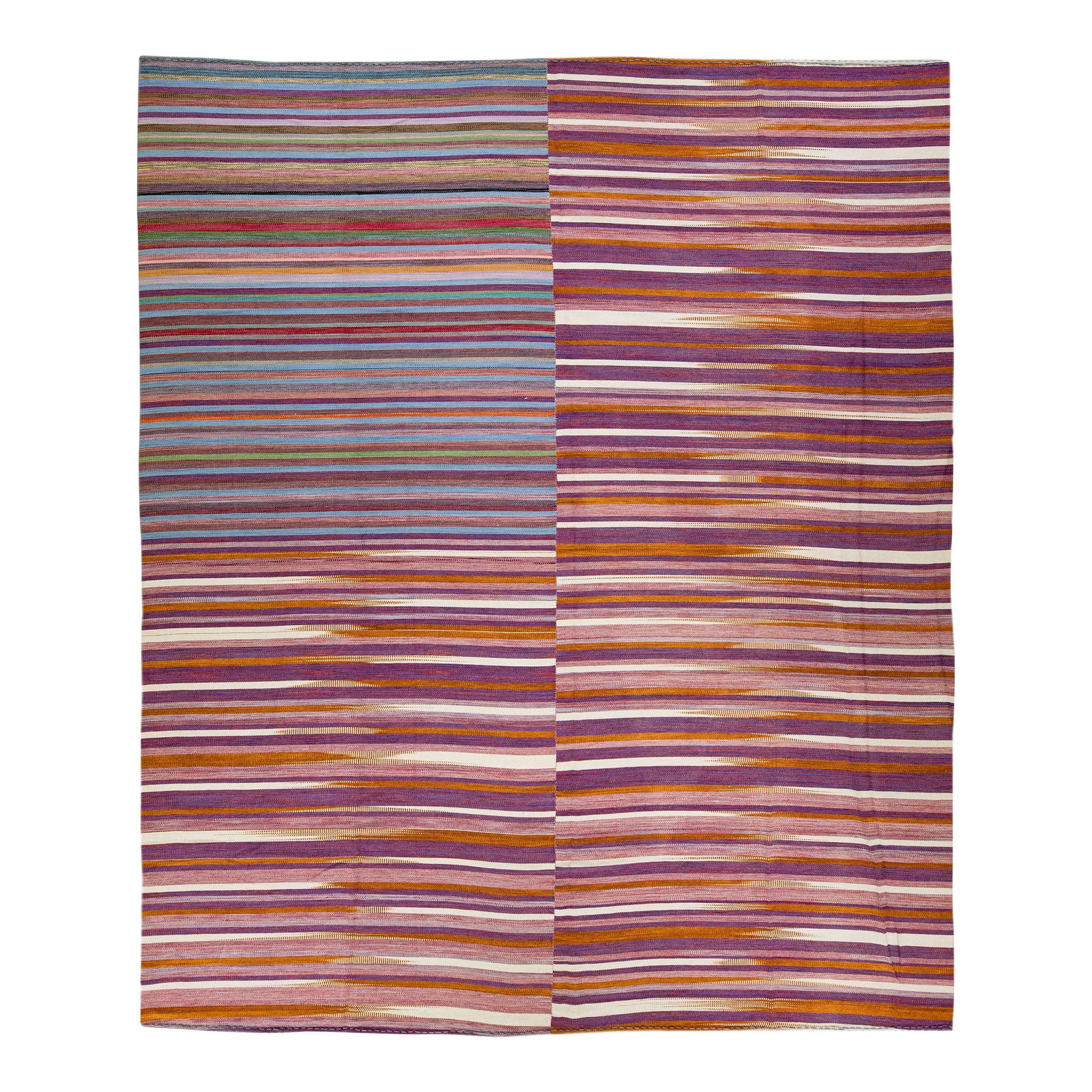 Vibrant Modern Kilim Abstract Wool Rug 12' x 14'2: Vibrant Modern Kilim Abstract Wool Rug 12' x 14'2 This stunning modern Kilim flatweave rug showcases a vibrant multicolor field with an abstract retro pattern, making it a true piece of art for any sp