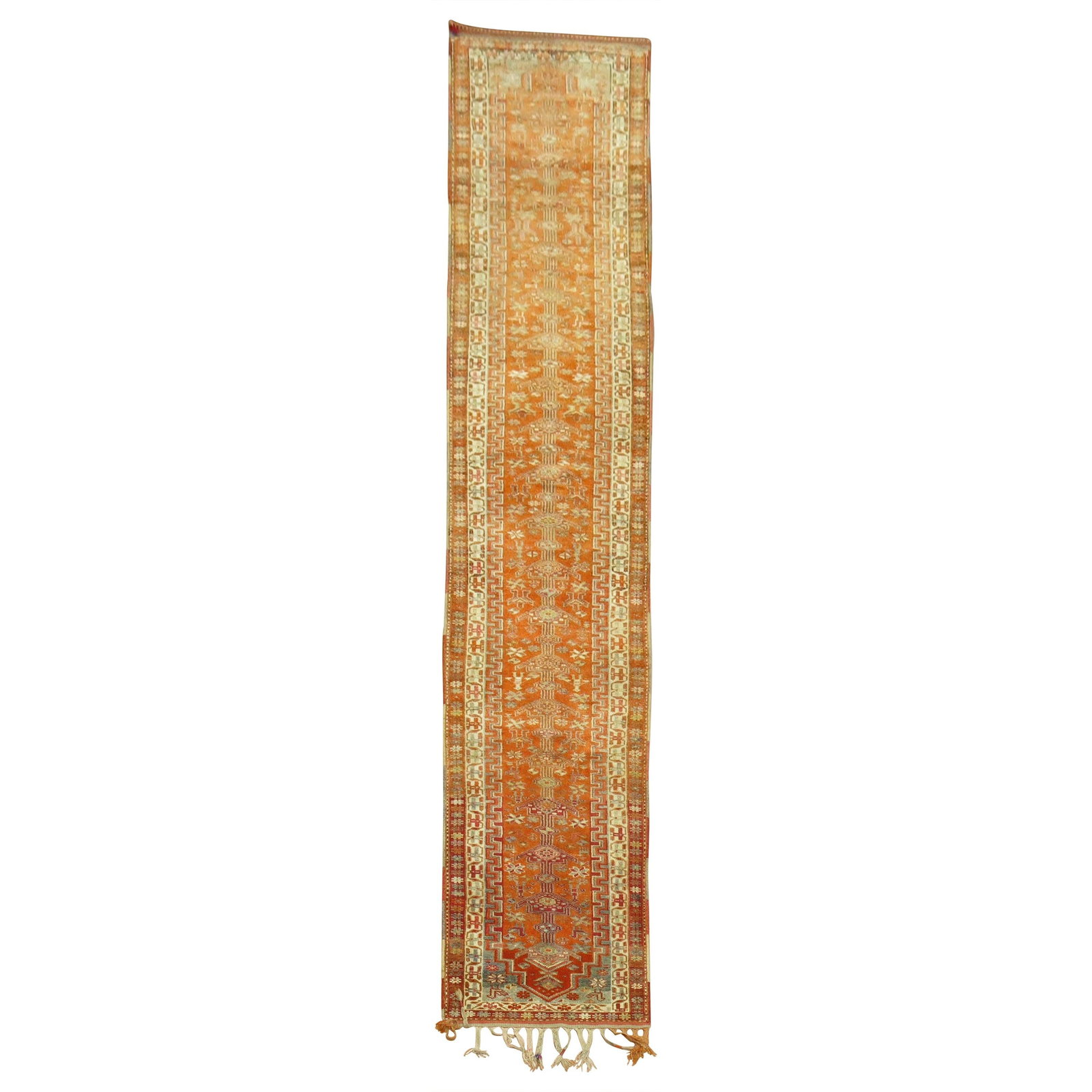 Vintage Turkish Anatolian Runner Orange 35in x 182in Wool Hand-Woven Bohemian: Vintage Turkish Anatolian Runner Orange 35in x 182in Wool Hand-Woven Bohemian This stunning vintage Turkish Anatolian runner showcases a vibrant geometric design in a predominant orange color, perfect