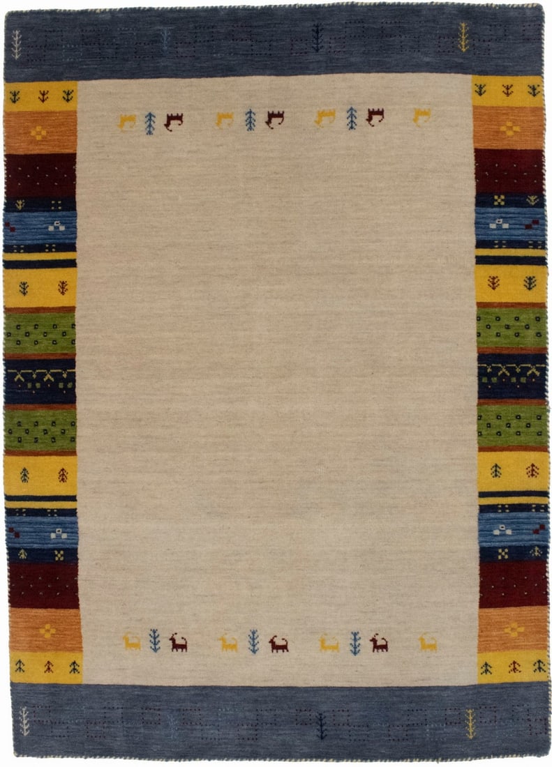 4'7 x 6'5 Wool Area Rug Hand-Loomed Modern Tribal Design from India: 4'7 x 6'5 Wool Area Rug Hand-Loomed Modern Tribal Design from India This handmade modern Gabbeh oriental rug features a tribal-inspired design with a bordered pattern in a variety of colors, including