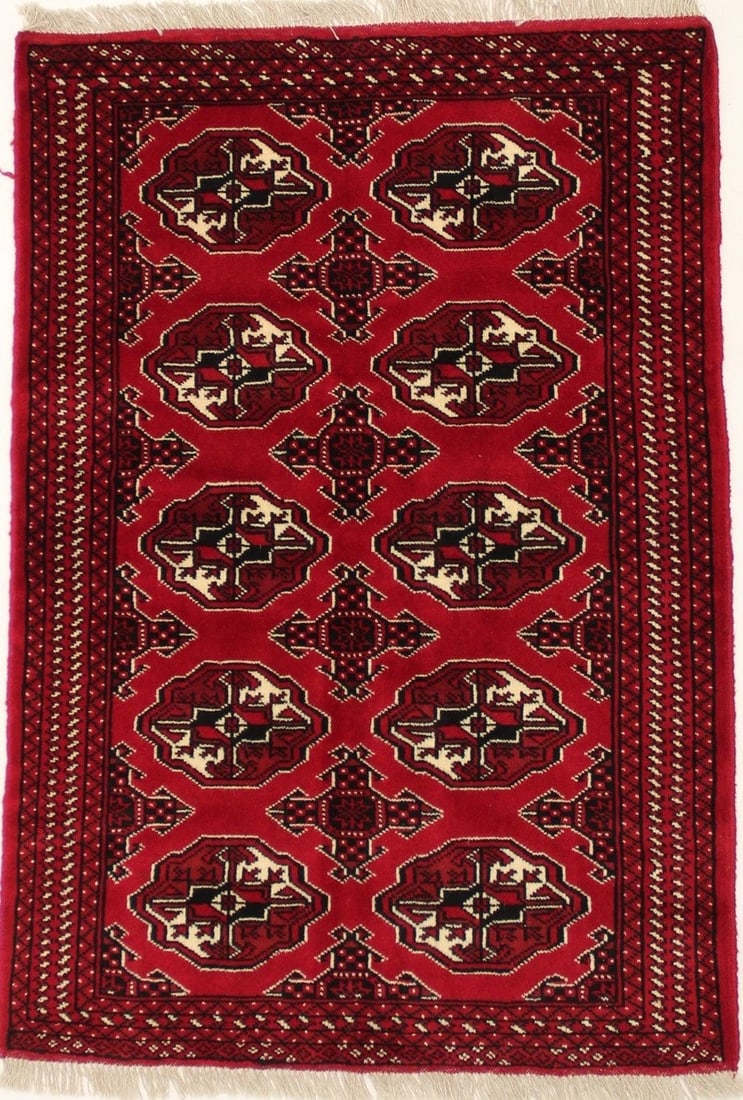 Scarlet Red Wool Hand-Knotted Geometric Tribal Area Rug 4'10 x 3'3: Scarlet Red Wool Hand-Knotted Geometric Tribal Area Rug 4'10 x 3'3 This handmade oriental rug features a tribal style design with geometric patterns in scarlet red, ivory, black, and other complementa