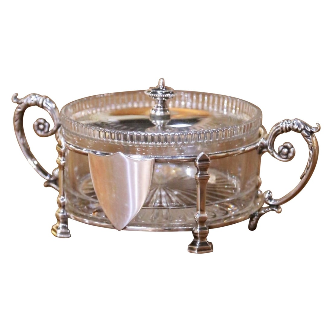 French Louis XVI covered candy bowl with cut crystal and silver plate: French Louis XVI covered candy bowl with cut crystal and silver plate An elegant late 19th century French Louis XVI covered sugar or candy bowl, crafted circa 1880-1890. It features a removable cut-cr
