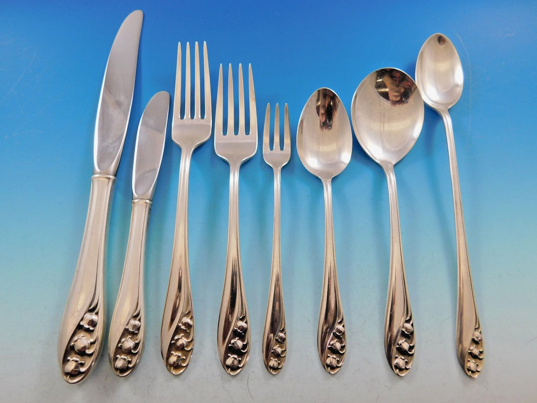 Gorham Lily of the Valley Sterling Silver 102 Piece Flatware Service for 12: Gorham Lily of the Valley Sterling Silver 102 Piece Flatware Service for 12 This is a monumental Gorham "Lily of the Valley" sterling silver flatware set, designed for 12 place settings and comprising