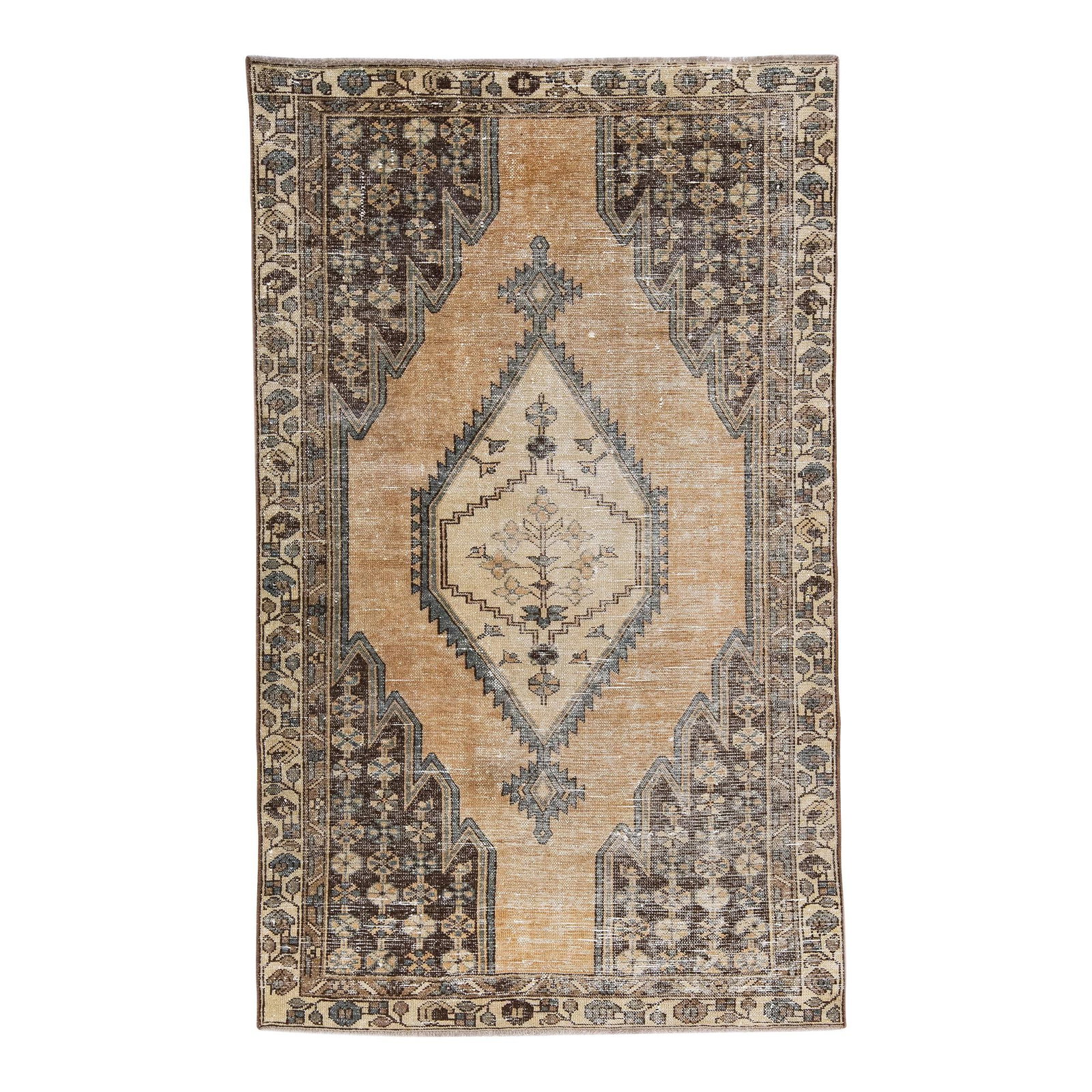 Vintage Persian Distressed Handmade Tribal Wool Rug 3'10 x 6'5 Tan: Vintage Persian Distressed Handmade Tribal Wool Rug 3'10 x 6'5 Tan Discover the charm of this vintage Persian distressed hand-knotted wool rug, featuring a stunning tan color field complemented by a b