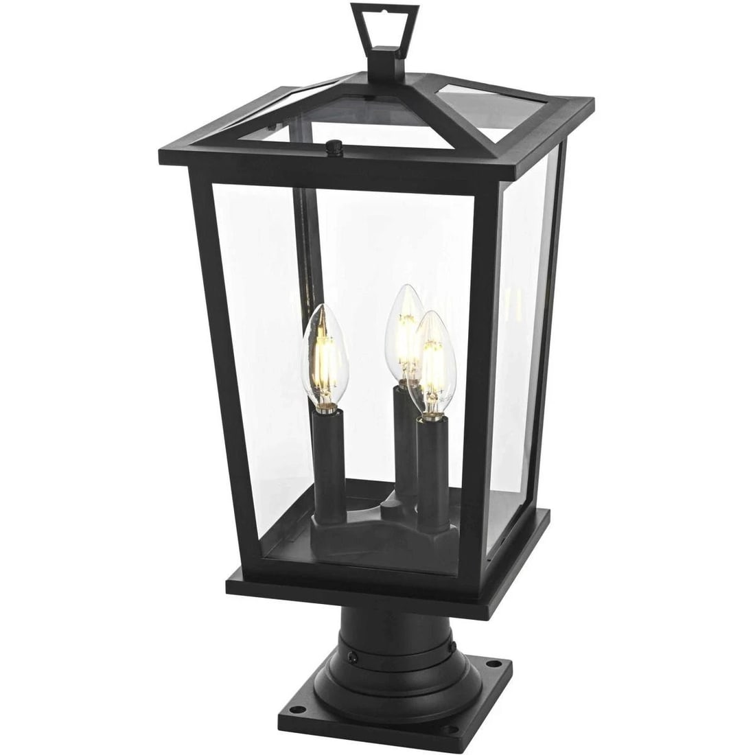 Cayman 3 Light Black Iron Glass Outdoor Post Fixture 20.5: Cayman 3 Light Black Iron Glass Outdoor Post Fixture 20.5 This outdoor pole light features a traditional design with a black iron and clear glass construction, offering durability and weather resistan