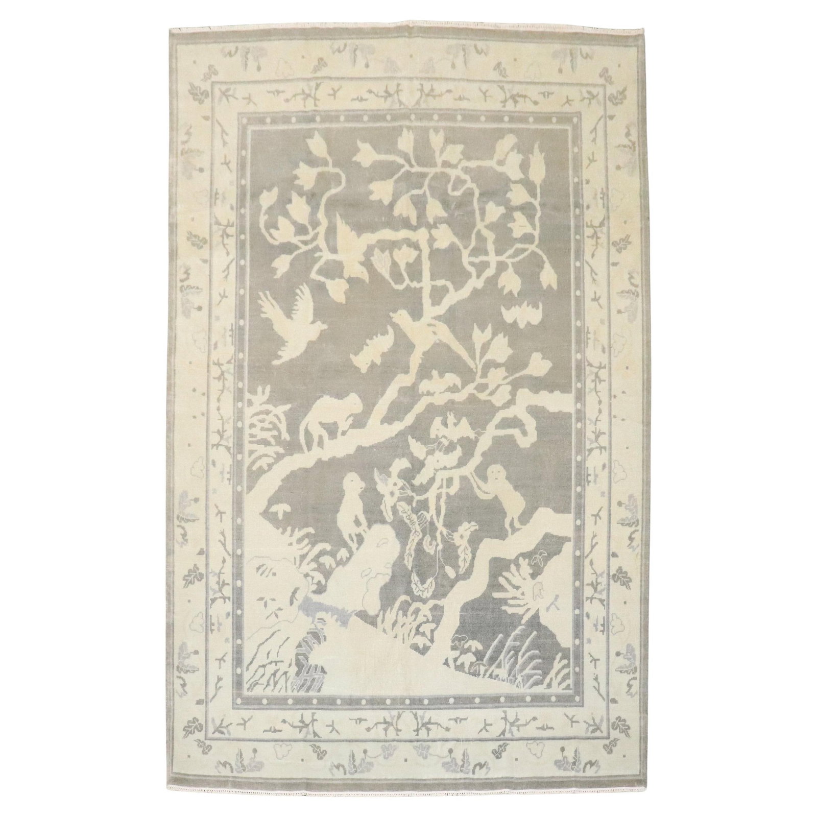 Mid-Century Chinese Wool Rug With Monkey Motif 6' x 8'8'': Mid-Century Chinese Wool Rug With Monkey Motif 6' x 8'8'' This vintage mid-20th-century Chinese rug features a hand-woven wool construction with a neutral color palette and a unique monkey pictorial d