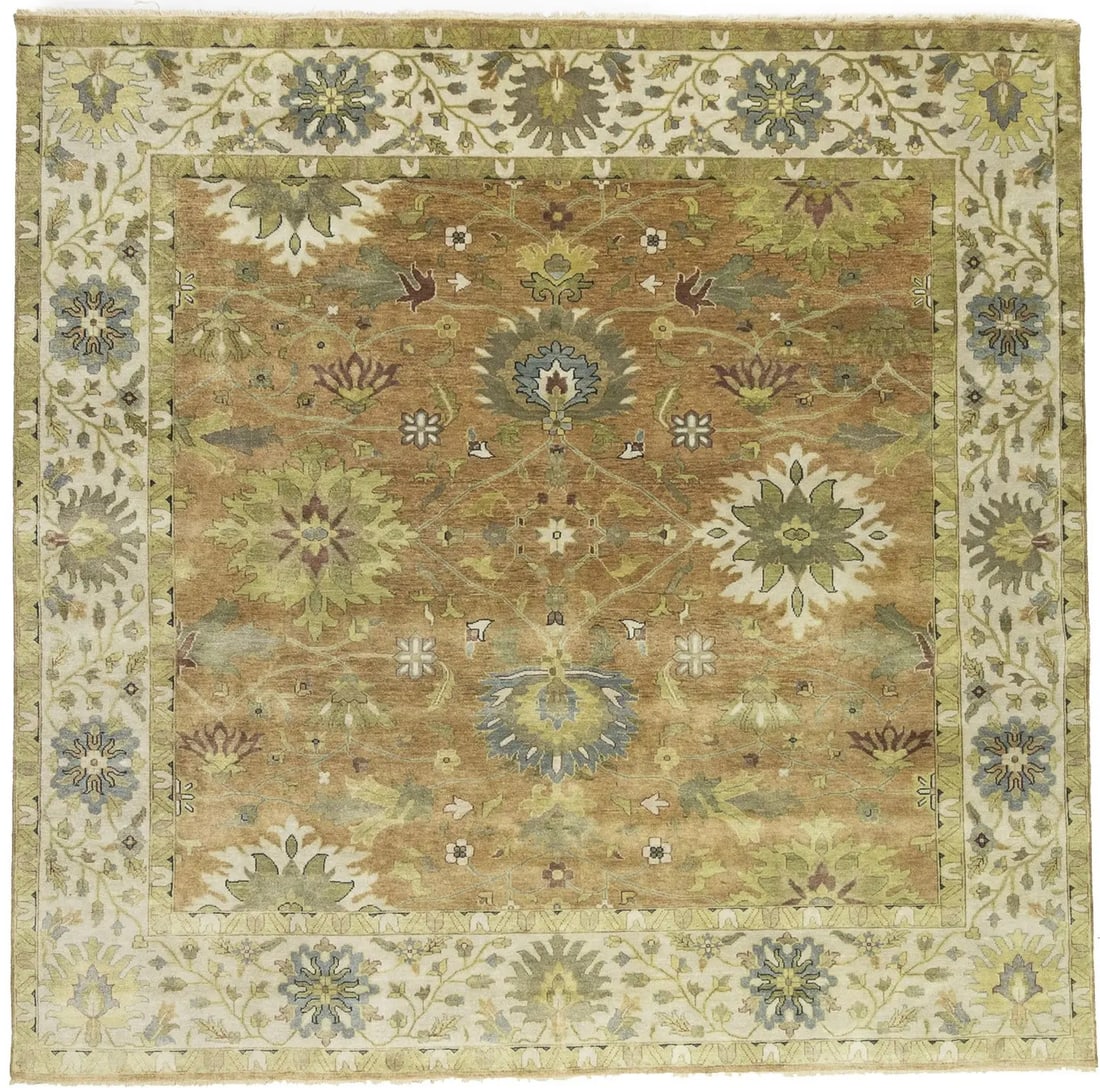 Handmade Floral Wool Oushak Square Rug 9'11 x 9'9 Eco Friendly: Handmade Floral Wool Oushak Square Rug 9'11 x 9'9 Eco Friendly Enhance your living space with this exquisite handmade area rug, featuring a beautiful floral pattern in shades of light rust, golden bro