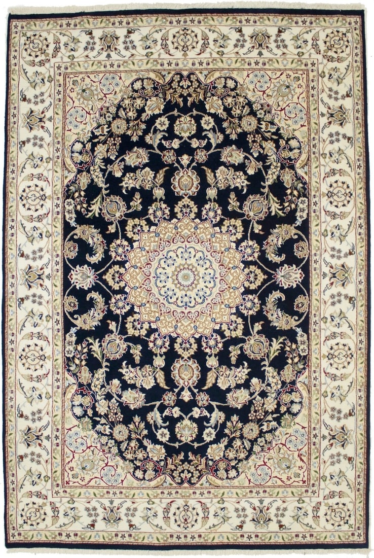 5'5 x 8'0 Hand-Knotted Indo-Nain Wool Silk Navy Floral Area Rug: 5'5 x 8'0 Hand-Knotted Indo-Nain Wool Silk Navy Floral Area Rug This handmade Indo-Nain area rug features a classic floral pattern in navy blue, cream, beige, light grey, green, and red tones. Expertl