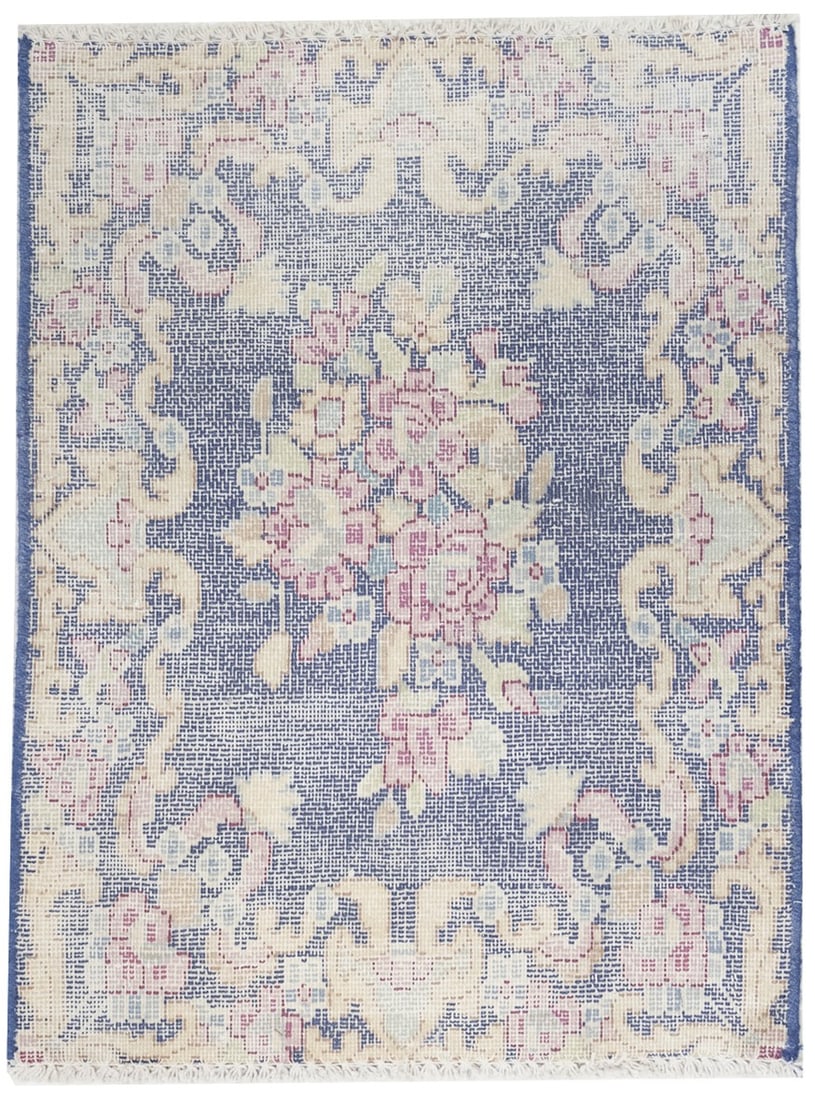 Small Wool Floral Hand-Knotted Vintage Rug 1'7 x 2'1 Navy Accent Carpet: Small Wool Floral Hand-Knotted Vintage Rug 1'7 x 2'1 Navy Accent Carpet This handmade antique Oriental rug features a traditional floral pattern in muted tones of navy, cream, red, pale pink, light bl