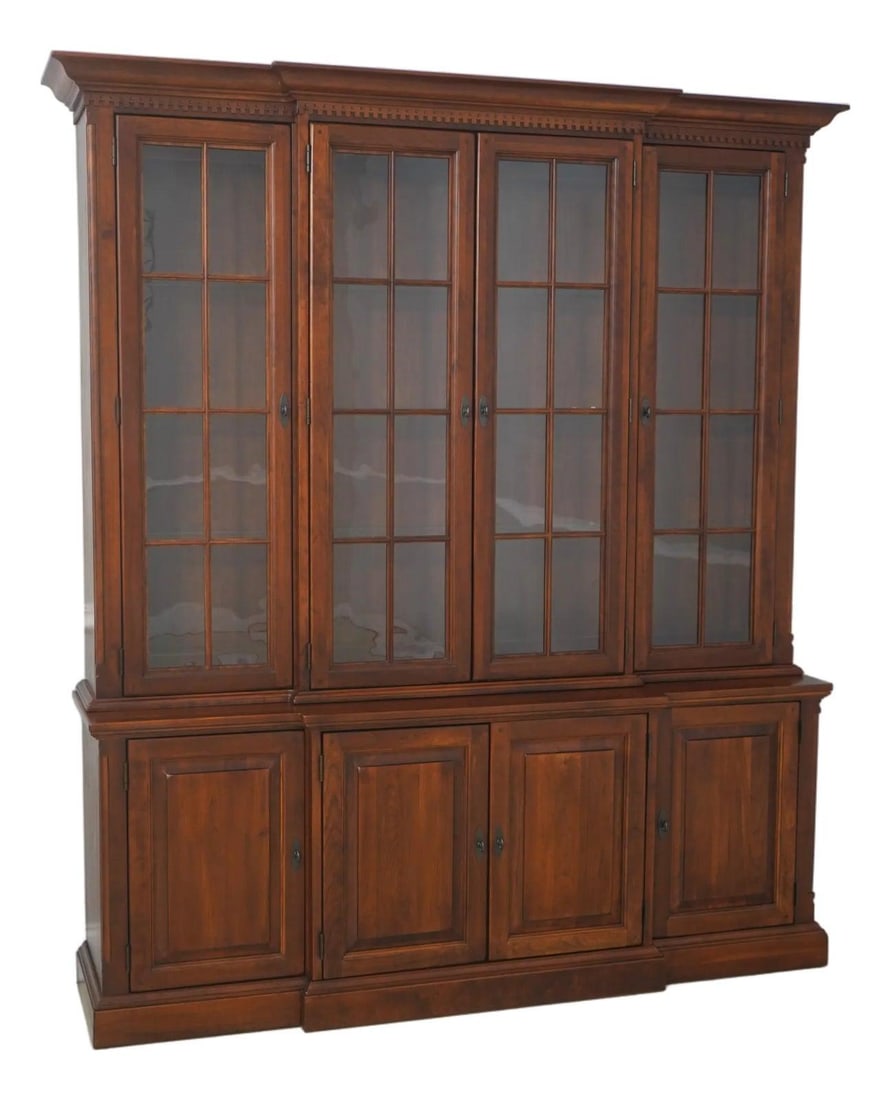 Cherry Wood Chippendale Bookcase by Bob Timberlake with Glass Doors and Lighting: Cherry Wood Chippendale Bookcase by Bob Timberlake with Glass Doors and Lighting This impressive four-door bookcase breakfront from the Bob Timberlake Collection features high-quality cherry wood cons