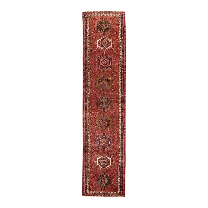 Vintage Persian Heriz Handmade Wool Runner Red Multi-Medallion 3'4 x 14'6: Vintage Persian Heriz Handmade Wool Runner Red Multi-Medallion 3'4 x 14'6 This stunning Vintage Persian Heriz runner is expertly hand-knotted from high-quality wool, showcasing a vibrant red field ado
