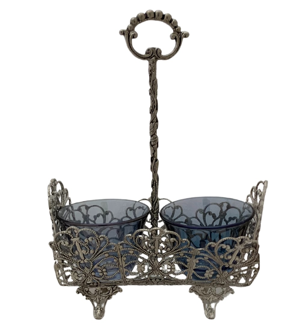 Italian 925 Sterling Silver Blue Crystal Double Salt Holder Handmade (1 of 3)