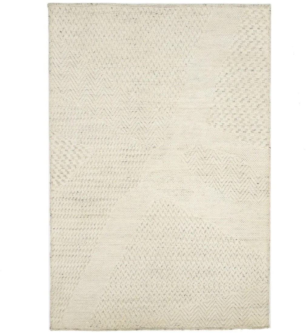 Modern Hand-Knotted Cream Wool 4'1 x 6'0 Abstract Area Rug: Modern Hand-Knotted Cream Wool 4'1 x 6'0 Abstract Area Rug Enhance your home with this exquisite Bas-Relief Modern Cream Wool Hand-Knotted Area Rug, measuring 4'1" x 6'0". Crafted in India, this elega