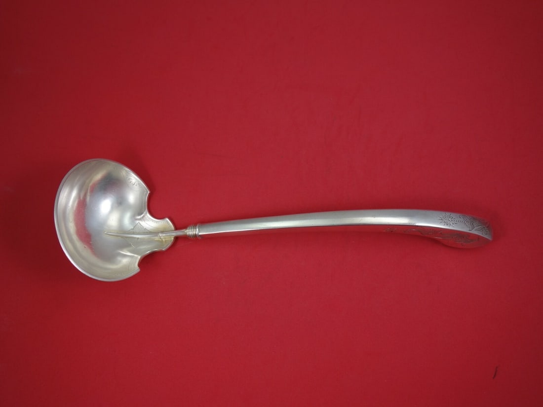 Gorham Angelo Sterling Silver 12 Inch Bright-Cut Soup Ladle Antique: Gorham Angelo Sterling Silver 12 Inch Bright-Cut Soup Ladle Antique This exquisite 12" soup ladle, crafted in the Angelo pattern by Gorham, is a stunning example of antique silverware from the mid-19t